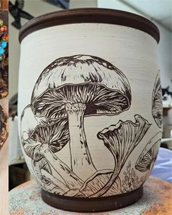 Hand-drawn mushroom illustration on ceramic vessel