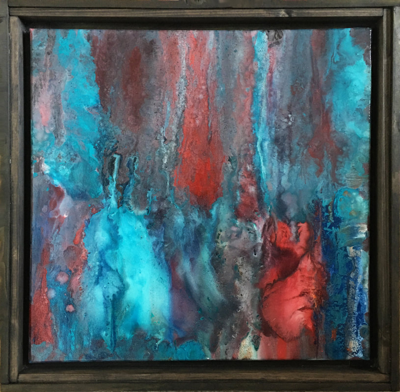 Abstract painting — turquoise and red mixed media
